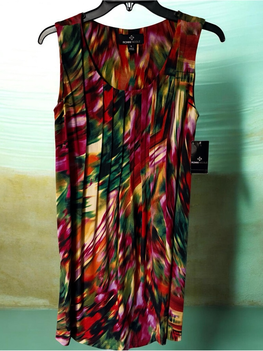 Ronnie Nichole Colorful Abstract Pleated Sleeveless Dress NWT Sz. 6